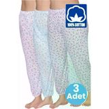 Uniquetrenders AKR-27 Kadın %100 Pamuklu Desenli Emprime Lastikli Uzun Pijama Lastik Paçalı Don 3'lü Set