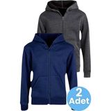 Uniquetrenders Çocuk Unisex Pamuklu Kapüşonlu Fermuarlı Sweatshirt 2'Li Set Lacivert - Füme 8 Yaş