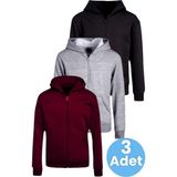 Uniquetrenders Çocuk Unisex Pamuklu Kapüşonlu Fermuarlı Sweatshirt 3'Lü Set Bordo - Gri - Siyah 10 Yaş