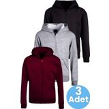 Uniquetrenders Çocuk Unisex Pamuklu Kapüşonlu Fermuarlı Sweatshirt 3'Lü Set Bordo - Gri - Siyah 8 Yaş