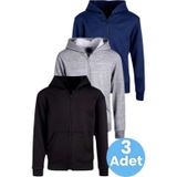 Uniquetrenders Çocuk Unisex Pamuklu Kapüşonlu Fermuarlı Sweatshirt 3'Lü Set Siyah - Gri - Lacivert 13 Yaş