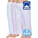 Uniquetrenders Kadın %100 Pamuklu Desenli Emprime Lastikli Uzun Pijama Düz Paçalı Don 3'lü Set