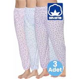 Uniquetrenders Kadın %100 Pamuklu Desenli Emprime Lastikli Uzun Pijama Lastik Paçalı Don 3'lü Set