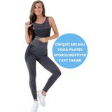 Uniquetrenders Kadın Dikişsiz Melanjlı Fitness Yoga Pilates Sporcu Büstiyer Tayt Takımı Lacivert XS-S