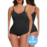 Uniquetrenders Kadın Dikişsiz Toparlayıcı Ve İnceltici Çıtçıtlı İp Askılı Slip Body Korse 3'Lü Set Siyah L-XL