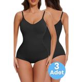 Uniquetrenders Kadın Dikişsiz Toparlayıcı Ve İnceltici Çıtçıtlı İp Askılı Slip Body Korse 3'Lü Set Siyah S-M
