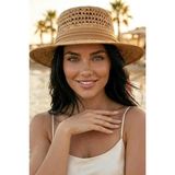 Uniquetrenders Kadın Hasır Şapka Riviera Stil Delikli Örgü Yazlık Plaj Şapkası - Standart - Camel - Kahverengi