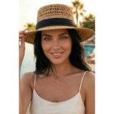 Uniquetrenders Kadın Hasır Şapka Riviera Stil Delikli Örgü Yazlık Plaj Şapkası - Standart - Camel - Siyah