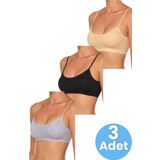 Uniquetrenders Kadın İnce Askılı Pedli Büstiyer Yarım Atlet Sütyen 3'Lü Set Ten - Siyah - Gri 80-85