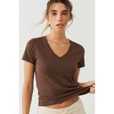 UNIQVIBE Organik Pamuk Kahverengi Kadın Kısa Kollu V Yaka Tişört