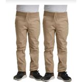 Unisex 2li Çocuk Rahat Kalıp Ribana Bel Canvas Keten Okul Pantolonu 2 Adet - Camel