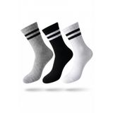 Unisex 3'lü Paket%90 Pamuklu Çizgili Kolej Çorap Seti - Siyah - Beyaz - Gri, 36-40