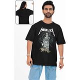 Unisex And Justice For All Yazılı Tişört, Oversize Metallica Baskılı Bisiklet Yaka T-Shirt - Siyah - 2XL