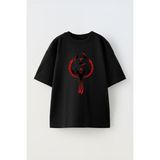 Unisex Anka Kuşu ve Ninja Yıldızı Tasarım Baskılı Pamuk Sıyah Oversize T-Shirt - Siyah