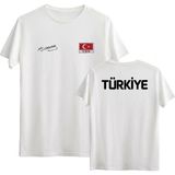 Unisex Atatürk Imzalı ve Türk Bayraklı Türkiye Tişörtü - Beyaz