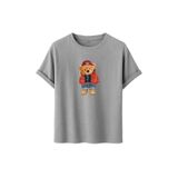 Unisex Ayıcık Baskılı T-Shirt,%100 Pamuk, Kısa Kollu, Yuvarlak Yaka, Oversize Rahat Kesim, Sokak Giyimi (Gri, 2XL)