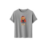 Unisex Ayıcık Baskılı T-Shirt,%100 Pamuk, Kısa Kollu, Yuvarlak Yaka, Oversize Rahat Kesim, Sokak Giyimi (Gri, L)
