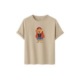 Unisex Ayıcık Baskılı T-Shirt,%100 Pamuk, Kısa Kollu, Yuvarlak Yaka, Oversize Rahat Kesim, Sokak Giyimi (Taş, L)