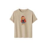 Unisex Ayıcık Baskılı T-Shirt,%100 Pamuk, Kısa Kollu, Yuvarlak Yaka, Oversize Rahat Kesim, Sokak Giyimi (Taş, S)