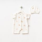 Unisex Barbatöz Desenli Yazlık Bebe Tulum - Krem - Kahve - 3 - 6 Ay