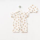Unisex Barbatöz Desenli Yazlık Bebe Tulum - Krem - Kahve - 6 - 9 Ay