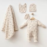 Unisex Battaniyeli Tulum 5'li Yenidoğan Bebek Hastane Çıkışı Zıbın Seti - Krem - 0 - 3 Ay