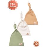 Unisex Bebek Arma Detaylı Bağlamalı Penye Organik Pamuklu Yenidoğan 3lü Bebek Bere Set - Renkli - 0 - 3 Ay