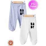 Unisex Bebek Baby Baskılı Penye Organik Pamuklu 0-6 Ay Patikli Bebek Pantolon Tek Alt 2li Set - 0-Gri - 0 - 3 Ay