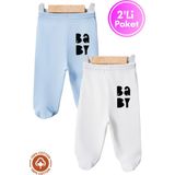 Unisex Bebek Baby Baskılı Penye Organik Pamuklu 0-6 Ay Patikli Bebek Pantolon Tek Alt 2li Set - 04G-Mavi - 3 - 6 Ay