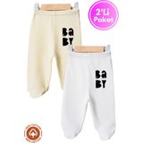 Unisex Bebek Baby Baskılı Penye Organik Pamuklu 0-6 Ay Patikli Bebek Pantolon Tek Alt 2li Set - 05S-Sarı - 0 - 3 Ay