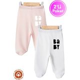 Unisex Bebek Baby Baskılı Penye Organik Pamuklu 0-6 Ay Patikli Bebek Pantolon Tek Alt 2li Set - Açık Somon - 3 - 6 Ay