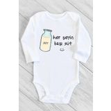Unisex Bebek Beyaz Herşeyin Başı Süt Baskılı Uzun Kollu Çıtçıtlı Body 1232ebbN, 3 Ay