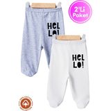 Unisex Bebek Hello Baskılı Penye Organik Pamuklu 0-6 Ay Patikli Bebek Pantolon Tek Alt 2li Set - 0-Gri - 0 - 3 Ay