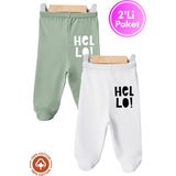 Unisex Bebek Hello Baskılı Penye Organik Pamuklu 0-6 Ay Patikli Bebek Pantolon Tek Alt 2li Set - 00430 Yeşil - 3 - 6 Ay