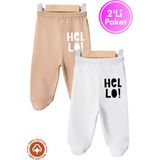 Unisex Bebek Hello Baskılı Penye Organik Pamuklu 0-6 Ay Patikli Bebek Pantolon Tek Alt 2li Set - 02S-Bej - 0 - 3 Ay