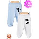 Unisex Bebek Hello Baskılı Penye Organik Pamuklu 0-6 Ay Patikli Bebek Pantolon Tek Alt 2li Set - 04G-Mavi - 0 - 3 Ay