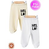 Unisex Bebek Hello Baskılı Penye Organik Pamuklu 0-6 Ay Patikli Bebek Pantolon Tek Alt 2li Set - 05S-Sarı - 3 - 6 Ay
