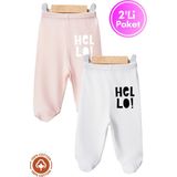 Unisex Bebek Hello Baskılı Penye Organik Pamuklu 0-6 Ay Patikli Bebek Pantolon Tek Alt 2li Set - Açık Somon - 3 - 6 Ay