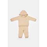 Unisex Bebek Pamuklu Bej Kapüşonlu Eşofman Takımı - Cep Detaylı Sweatshirt ve Alt - 3 - 6 Ay - Ekru