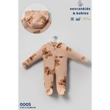 Unisex Bebek Welsoft Peluş Tulum Kapüşonlu Fermuarlı Ayıcık Desenli Kışlık - Sütlü Kahve - Krem - 3 - 6 Ay
