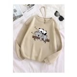 Unisex Bej Panda Baskılı Oversize Bisiklet Yaka Sweatshirt