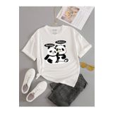 Unisex Beyaz Bamboo Panda Baskılı Oversize Bisiklet Yaka T-shirt
