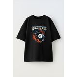 Unisex Bilardo Topu Tasarım Baskılı Pamuk Sıyah Oversize T-Shirt - Siyah - XL