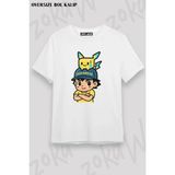 Unisex Bol Kalıp Beyaz Pikachu ve Ash Pokemon Tasarım Baskılı T-Shirt