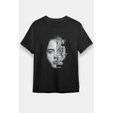 Unisex Bol Kalıp Billie Eilish Baskılı Siyah Tişört - Tshirt