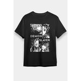 Unisex Bol Kalıp Demon Slayer Baskılı Siyah Tişört - Tshirt
