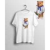 Unisex Bol Kalıp Elite Baron Cool Teddy Bear Ayı Bisiklet Yaka Baskılı T-Shirt - Beyaz - M