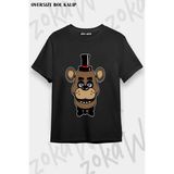Unisex Bol Kalıp Fnaf Five Nights V17 Baskılı Tişört - Siyah - XL