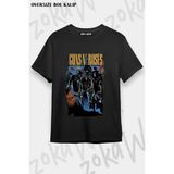 Unisex Bol Kalıp Guns N Roses V6 Baskılı Tişört - Siyah