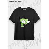 Unisex Bol Kalıp Invader Zim V2 Baskılı Tişört - Siyah